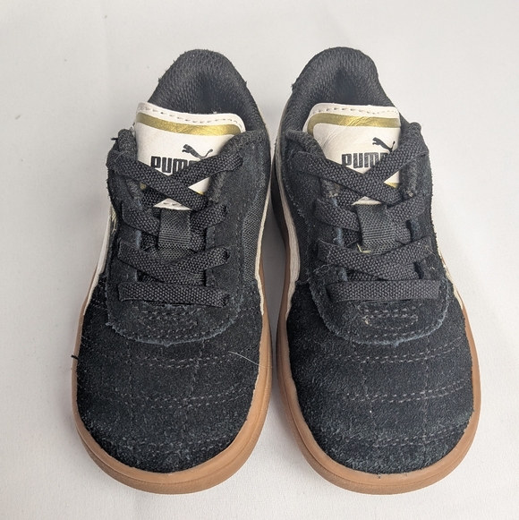 PUMA Unisex Baby Kid Shoes Flat Black Suede Size 7 Tan Soles - Picture 2 of 8